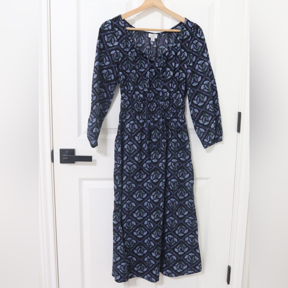 J. Crew Navy Blue floral Printed Long-Sleeve Midi Dress petite